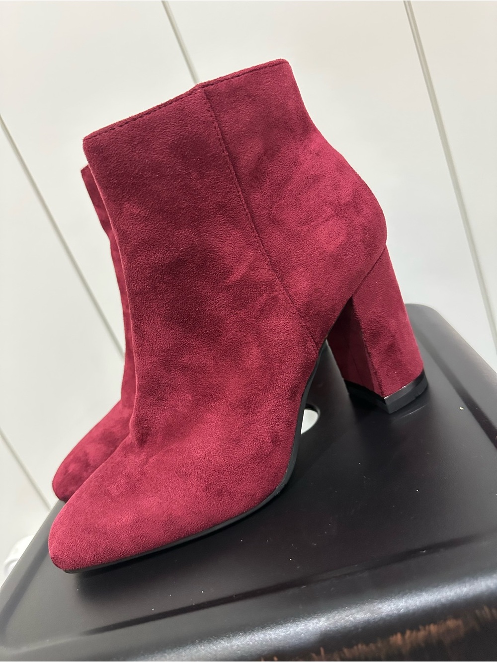 le chateau Burgundy Suede Block Heel Ankle Boots